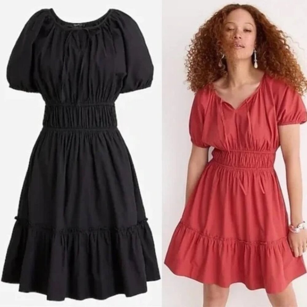 NEW J. Crew Womens Cinched-Waist Puff-Sleeve Dress In Black M BK946 Cotton